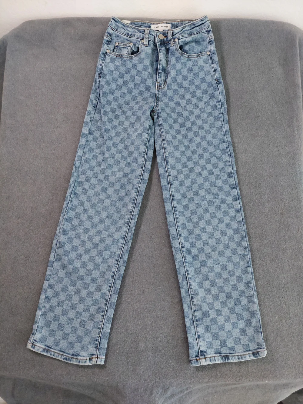 Almost Famous Checkered Straight Leg Jeans Blue Checkerboard Size 0